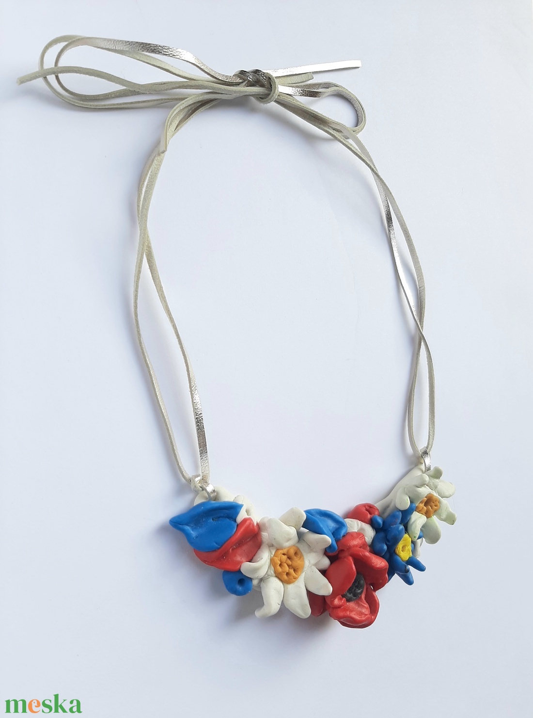 Bővített mezei csokor nyakék ezüst bőrszálon - ékszer - nyaklánc - statement nyaklánc - Meska.hu