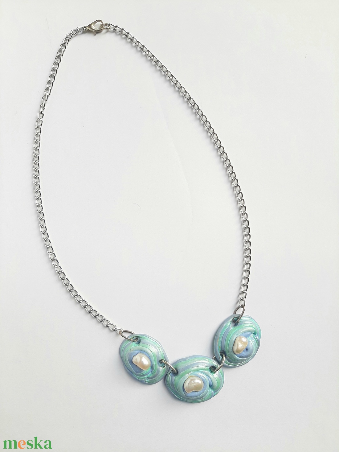 Ovális három korongos lánc tenyésztett gyönggyel - türkíz - ékszer - nyaklánc - statement nyaklánc - Meska.hu