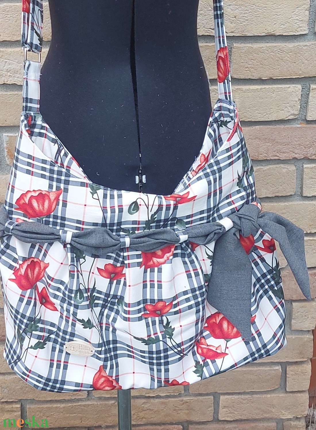 kockás-virágos masnis táska - táska & tok - kézitáska & válltáska - válltáska - Meska.hu