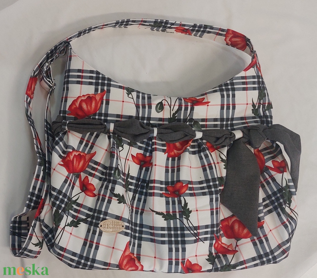 kockás-virágos masnis táska - táska & tok - kézitáska & válltáska - válltáska - Meska.hu