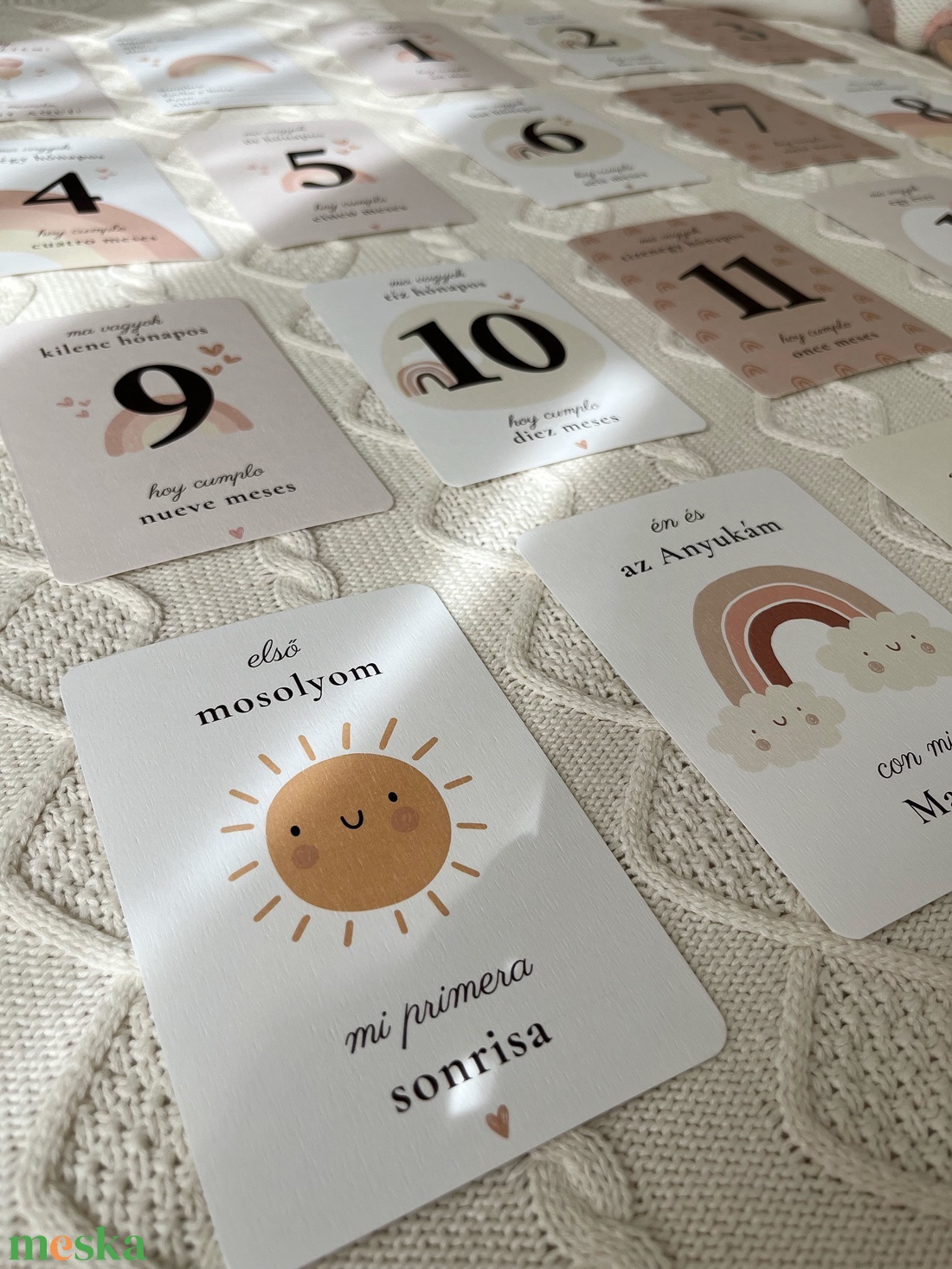 Magyarspanyol letölthető, nyomtatható babamérföldkő kártya, lány pasztell szivárvány PDF (Tarjetas de hitos bilingües) - művészet - grafika & illusztráció - digitális - Meska.hu