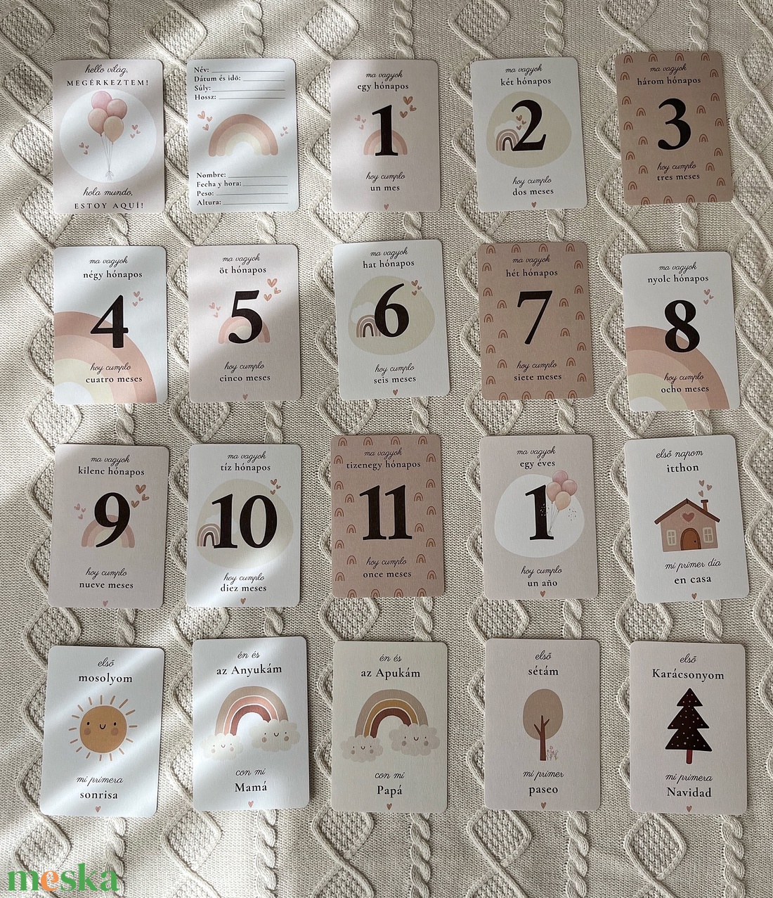 Magyarspanyol letölthető, nyomtatható babamérföldkő kártya, lány pasztell szivárvány PDF (Tarjetas de hitos bilingües) - művészet - grafika & illusztráció - digitális - Meska.hu