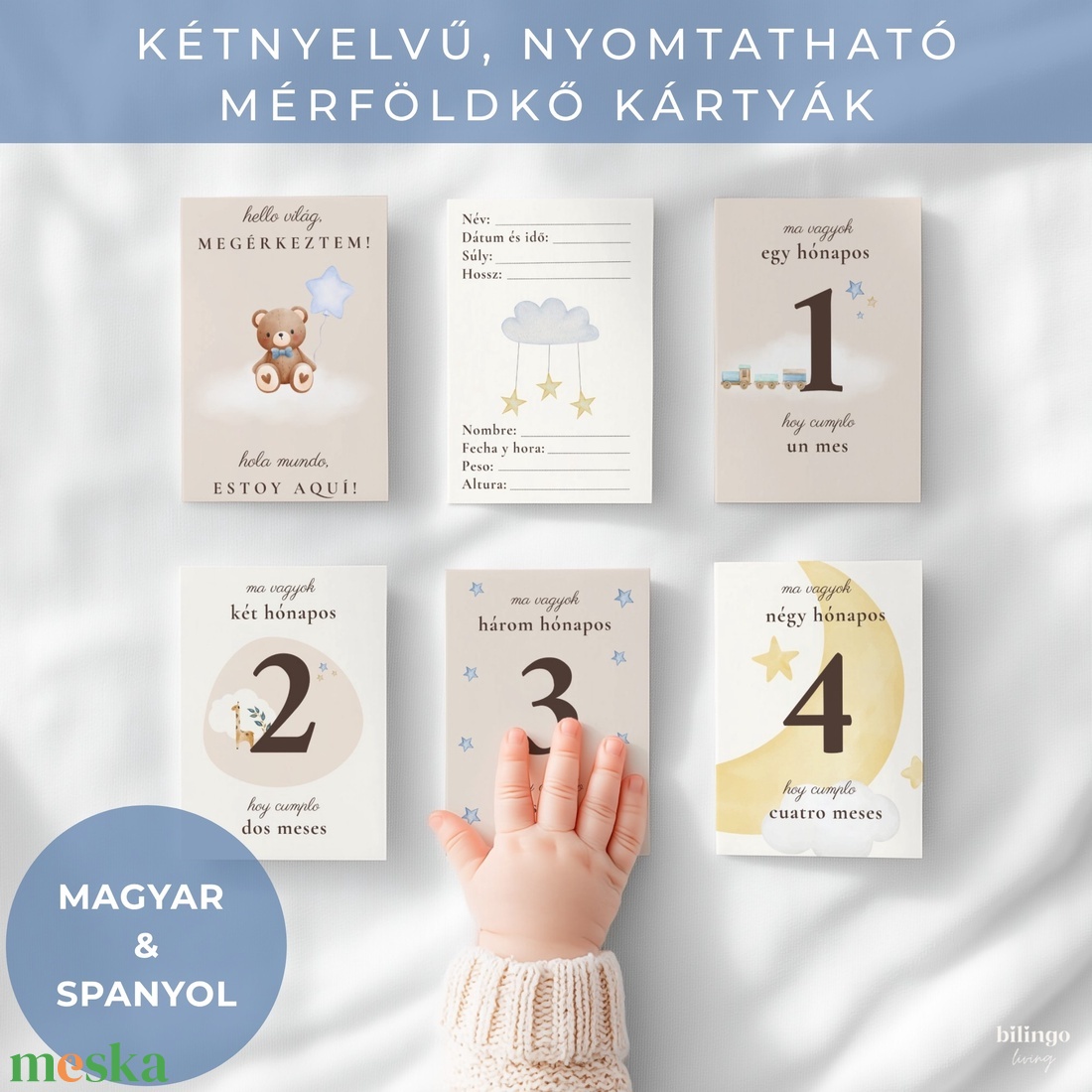 Magyarspanyol letölthető, nyomtatható mérföldkő kártya, fiú kék mackó digitális PDF (Tarjetas de hitos bilingües) - művészet - grafika & illusztráció - digitális - Meska.hu