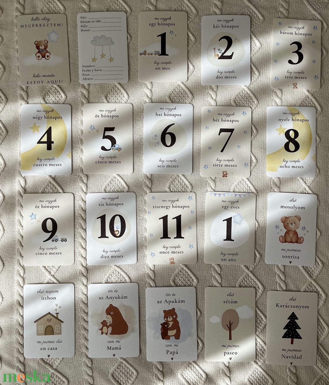 Magyarspanyol letölthető, nyomtatható mérföldkő kártya, fiú kék mackó digitális PDF (Tarjetas de hitos bilingües) - művészet - grafika & illusztráció - digitális - Meska.hu