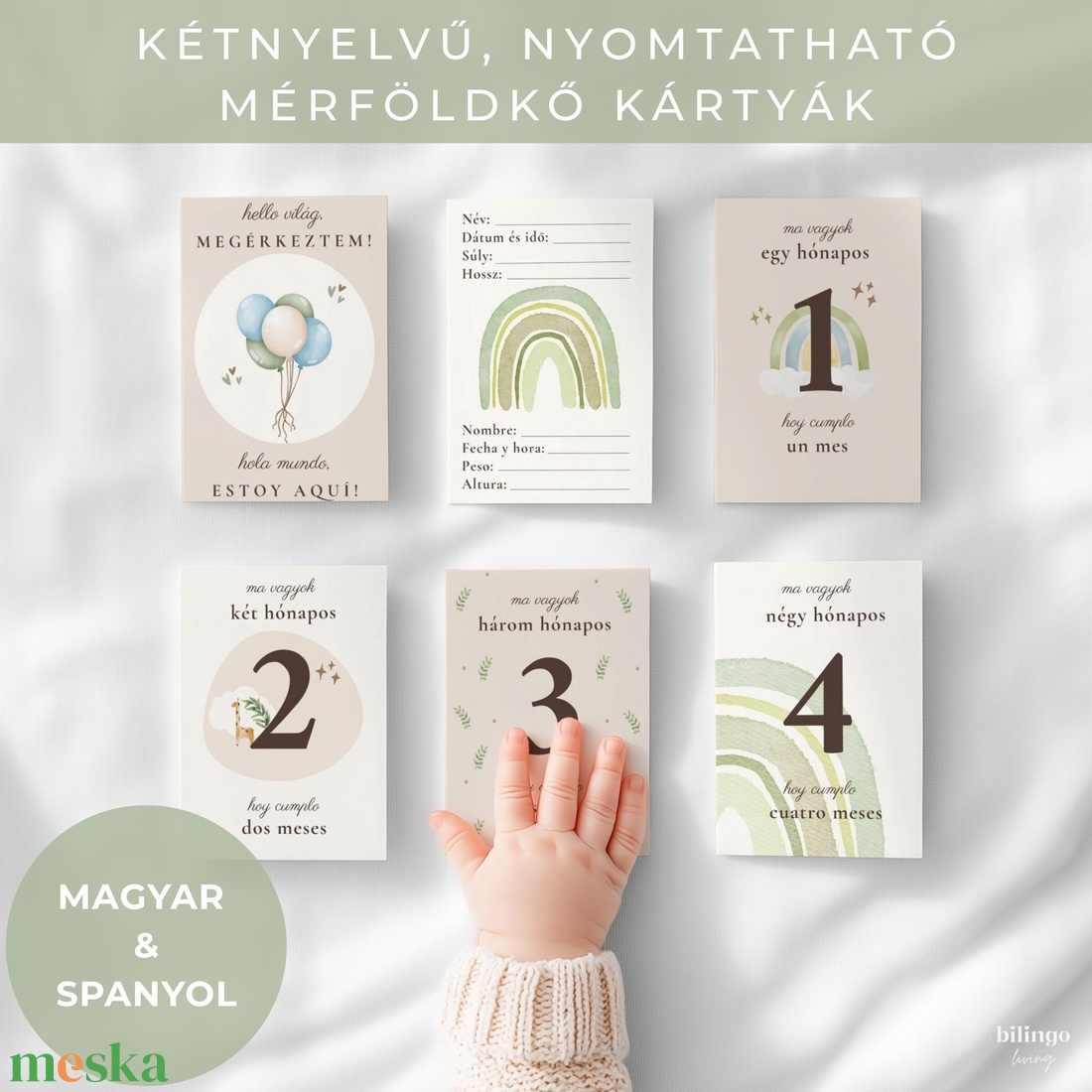 Magyarspanyol letölthető, nyomtatható mérföldkő kártya, fiú zöld szivárvány digitális PDF (Tarjetas de hitos bilingües) - művészet - grafika & illusztráció - digitális - Meska.hu