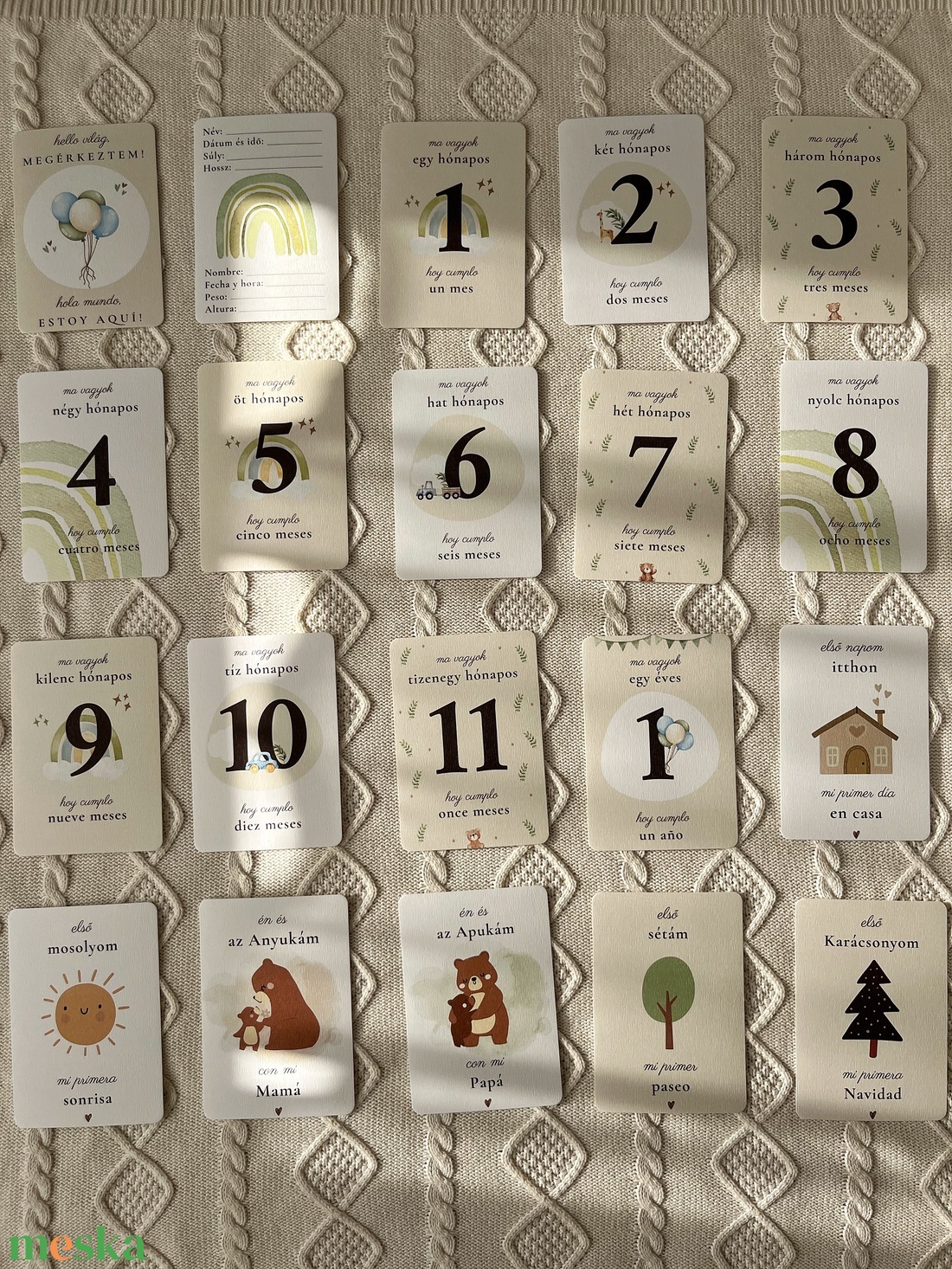 Magyarspanyol letölthető, nyomtatható mérföldkő kártya, fiú zöld szivárvány digitális PDF (Tarjetas de hitos bilingües) - művészet - grafika & illusztráció - digitális - Meska.hu