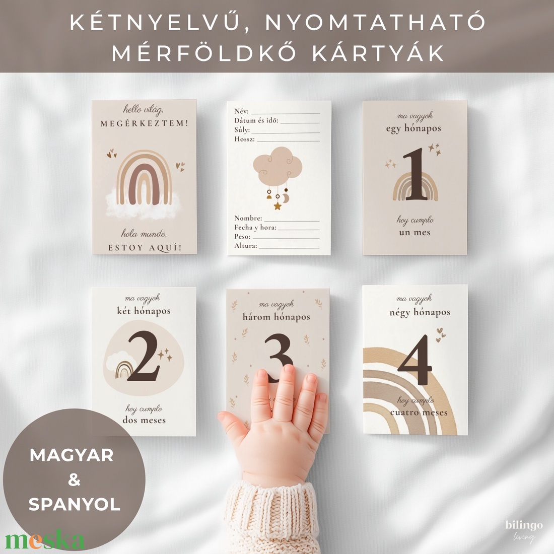 Magyarspanyol letölthető, nyomtatható mérföldkő kártya, fiú lány unisex (Tarjetas de hitos bilingües) - művészet - grafika & illusztráció - digitális - Meska.hu