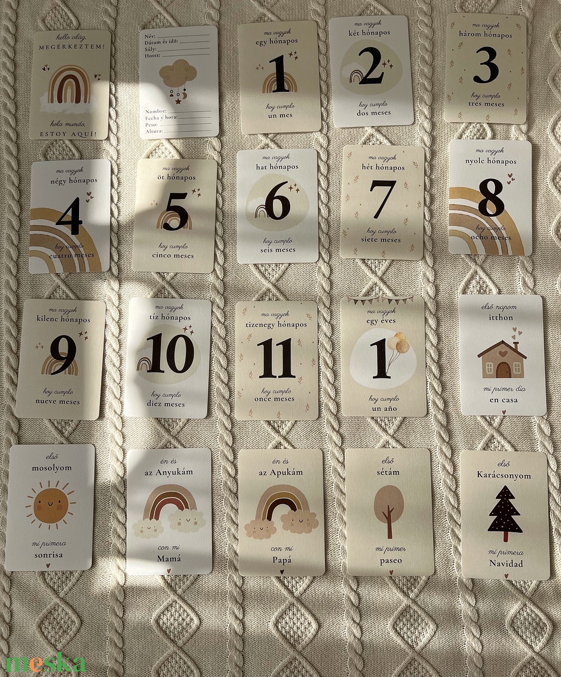 Magyarspanyol letölthető, nyomtatható mérföldkő kártya, fiú lány unisex (Tarjetas de hitos bilingües) - művészet - grafika & illusztráció - digitális - Meska.hu