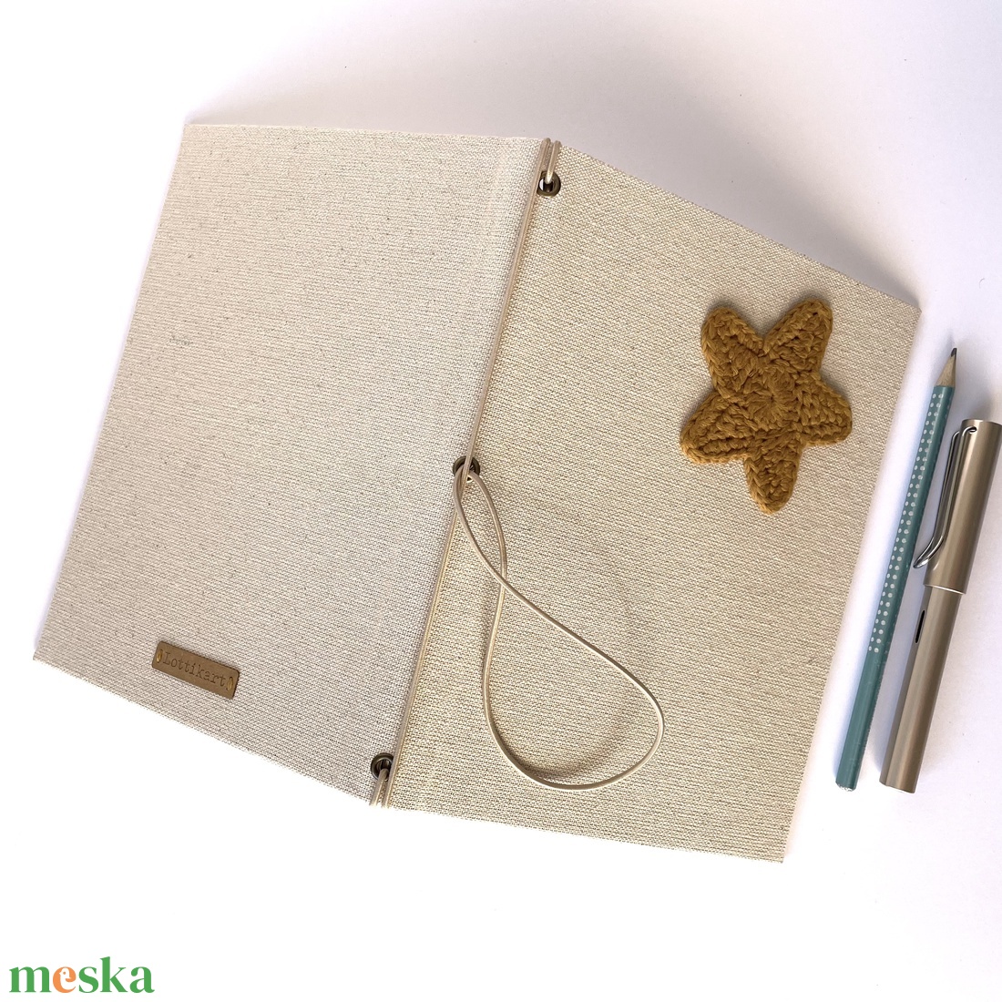 Horgolt csillagos natúr füzettartó, füzetborító, traveller's notebook, A/5, keménytáblás 2 - otthon & életmód - papír, írószer - könyv- és füzetborító - Meska.hu