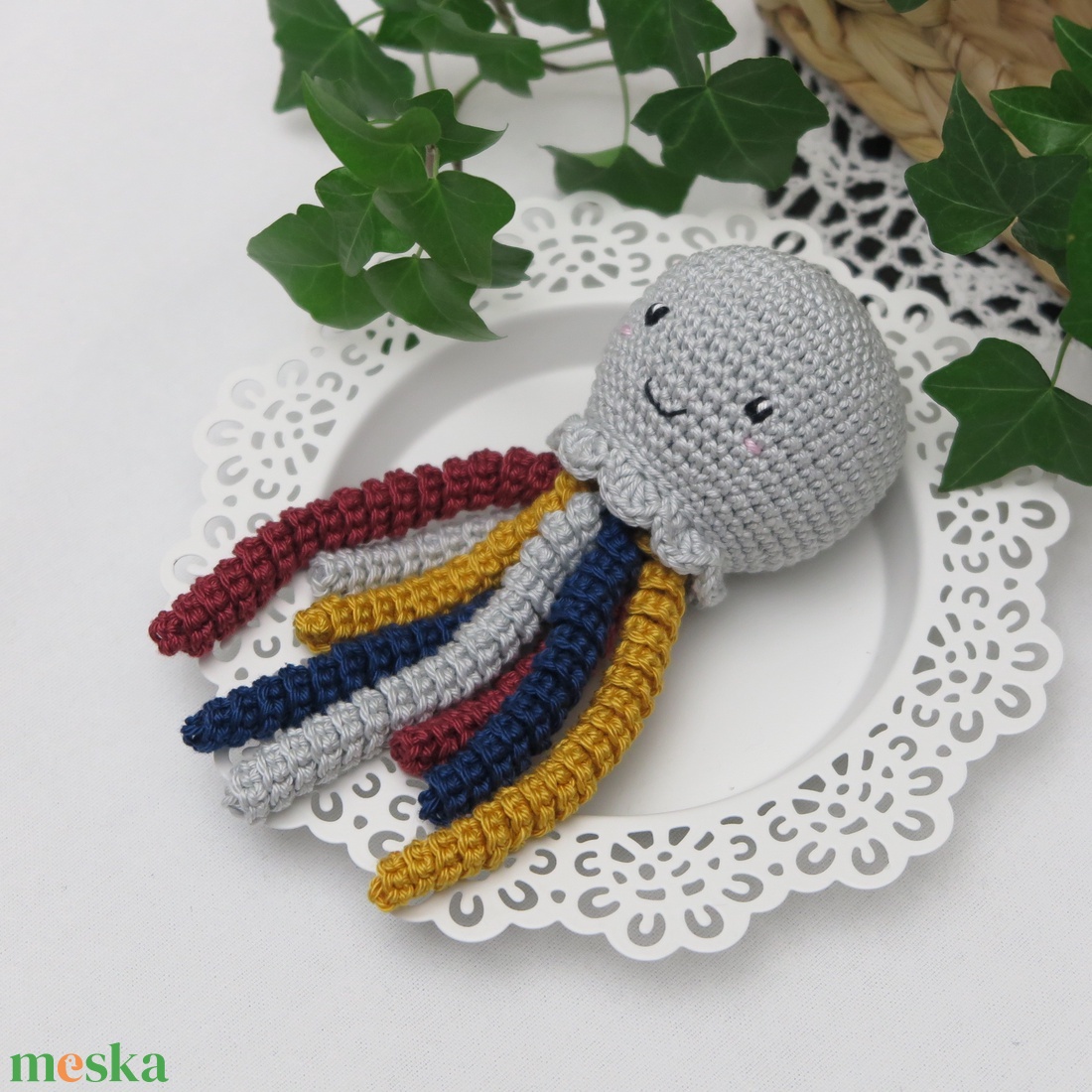 Horgolt világosszürke PICi polip, korapolip - játék & sport - babalátogató ajándékcsomag - Meska.hu