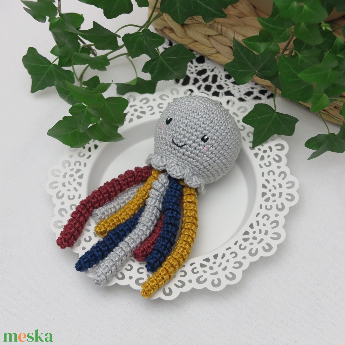 Horgolt világosszürke PICi polip, korapolip - játék & sport - babalátogató ajándékcsomag - Meska.hu