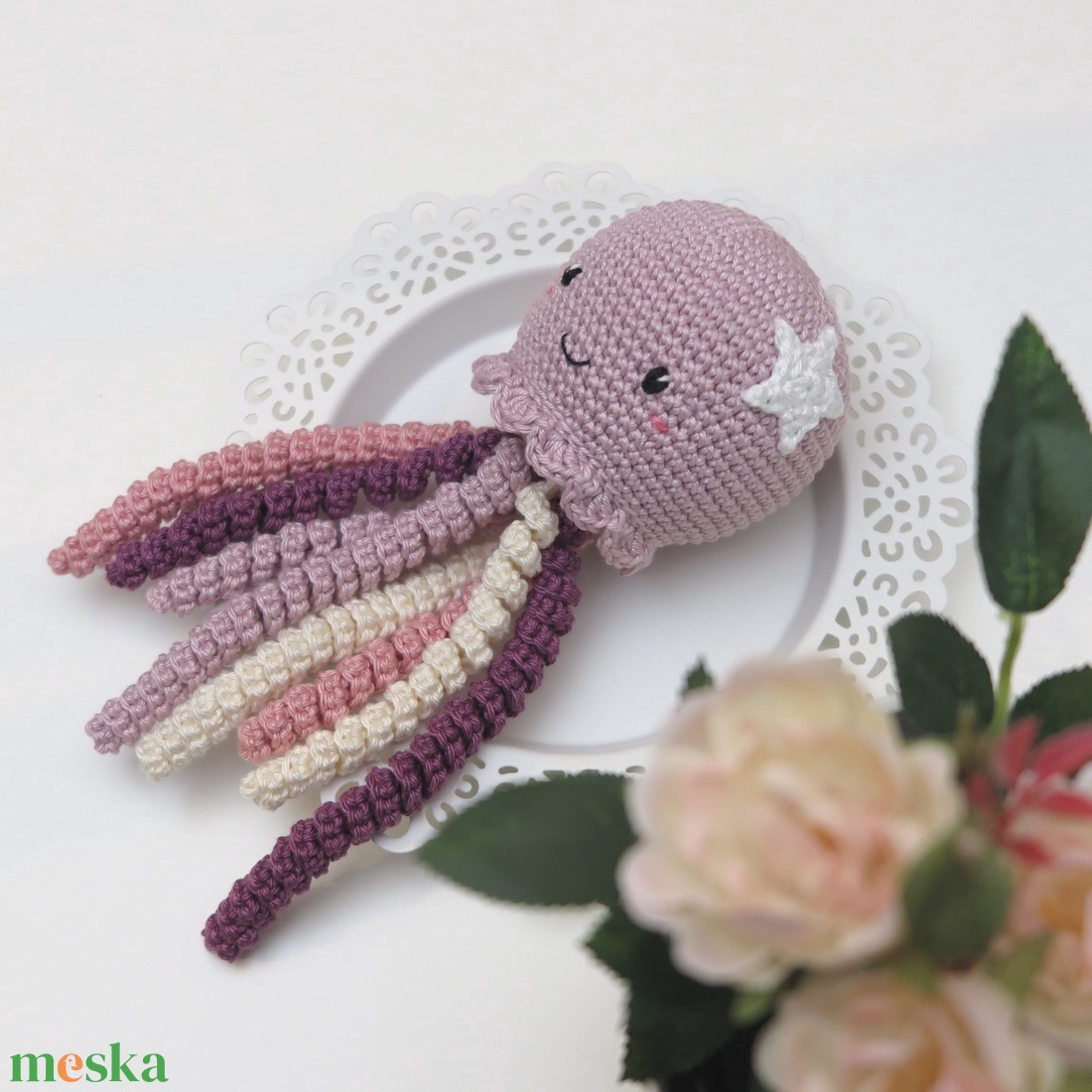 Horgolt vintage rózsaszín polip - baba - mama - babalátogató ajándékcsomag - Meska.hu