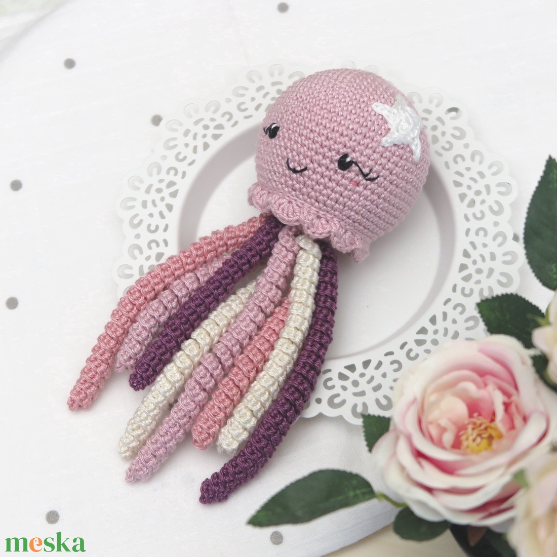 Horgolt vintage rózsaszín polip - baba - mama - babalátogató ajándékcsomag - Meska.hu