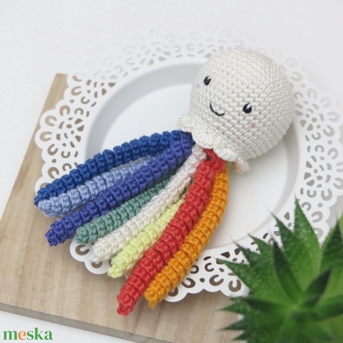 Horgolt pasztell szivárvány PICi polip csörgővel � Színtanuló babajáték (100% pamut) - baba - mama - baba játékok - csörgő - Meska.hu