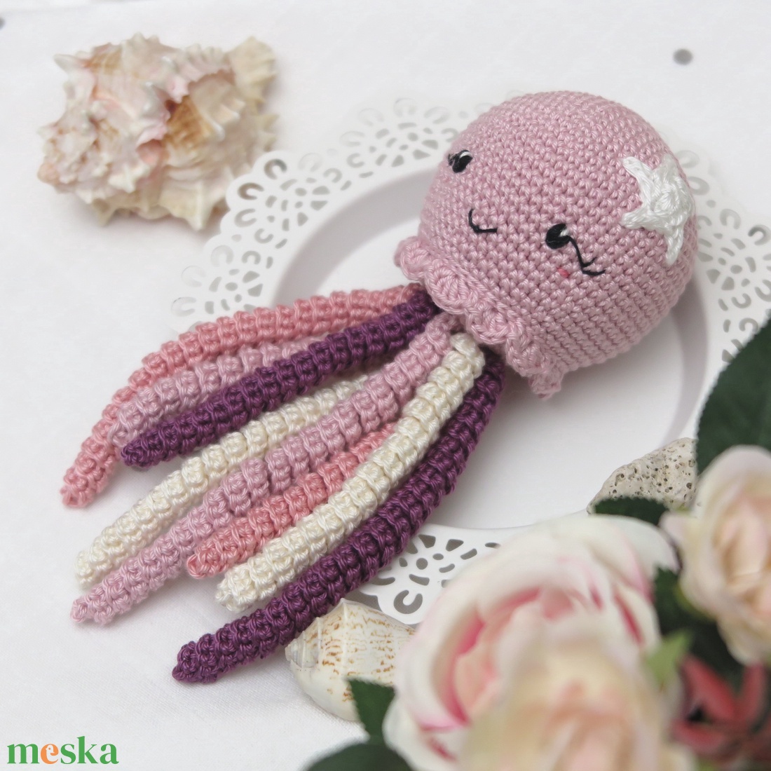 Horgolt vintage rózsaszín polip újszülötteknek - Bababarát alvóka (100% pamut) - baba - mama - babalátogató ajándékcsomag - Meska.hu