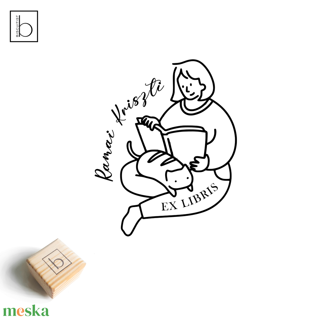 Ex libris pecsét, személyre szabható bélyegző, könyv nyomda - Olvasó lány cicával - könyv & zene - ex libris pecsét - Meska.hu