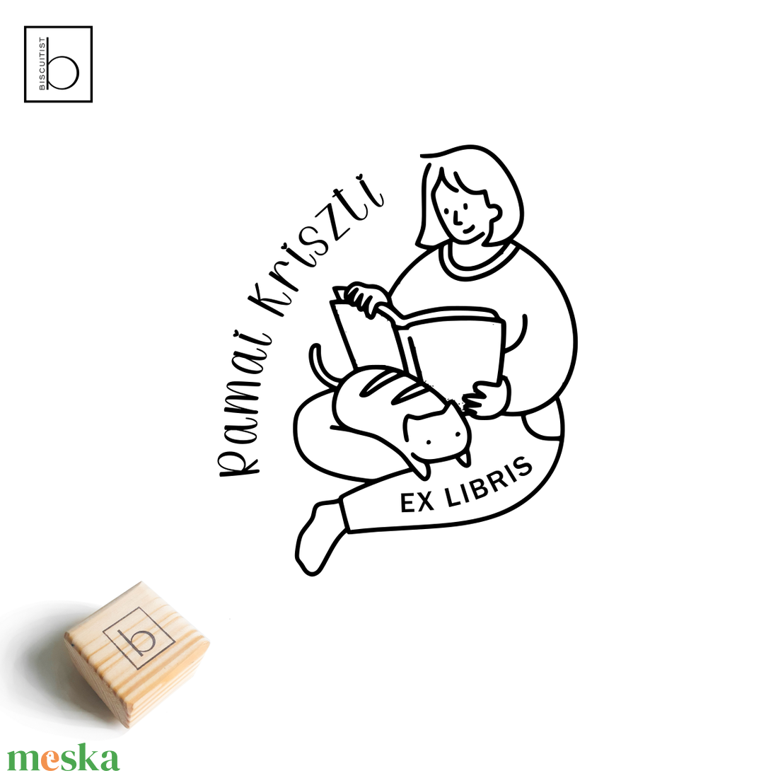Ex libris pecsét, személyre szabható bélyegző, könyv nyomda - Olvasó lány cicával - könyv & zene - ex libris pecsét - Meska.hu