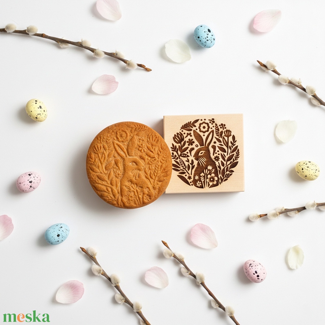 Nyuszi virággal sütipecsét - Linzerhez, mézeskalácshoz, spekulatius kekszhez - otthon & életmód - konyhafelszerelés, tálalás - sütés, főzés - sütidísz - Meska.hu