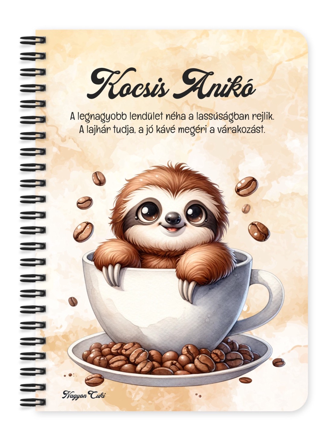 Személyre szabható - Mosolygós Kávés lajhár mintás A6-os füzet - otthon & életmód - papír, írószer - jegyzetfüzet & napló - Meska.hu