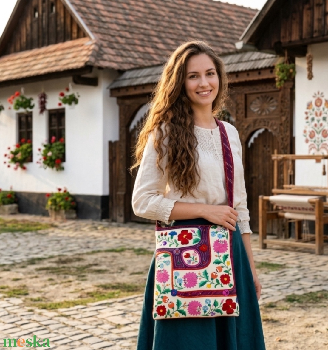 Színes, kézzel hímzett, kalocsai virágos, mályva, sárga, közepes méretű, cipzáros egyedi női válltáska belső zsebekkel  - táska & tok - kézitáska & válltáska - vállon átvethető táska - Meska.hu