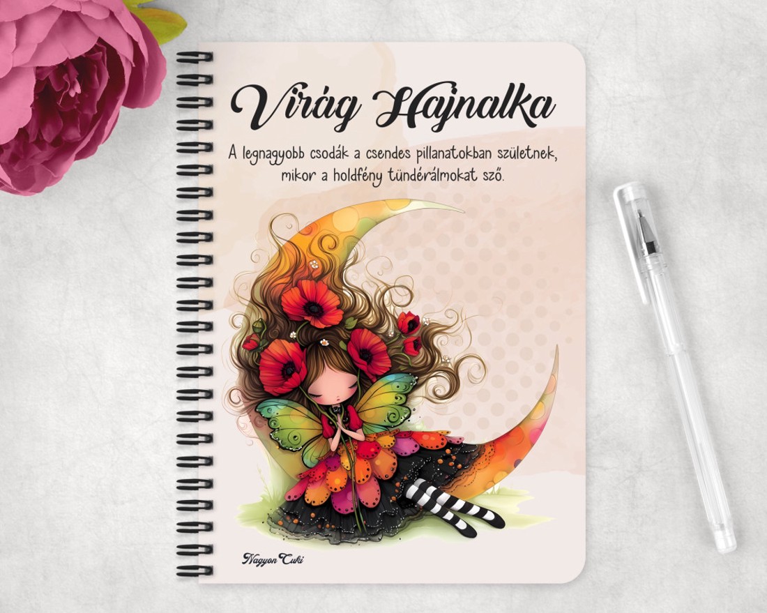 Személyre szabható - Ölelő pipacs tündérlány és a hold mintás A6-os füzet - otthon & életmód - papír, írószer - jegyzetfüzet & napló - Meska.hu