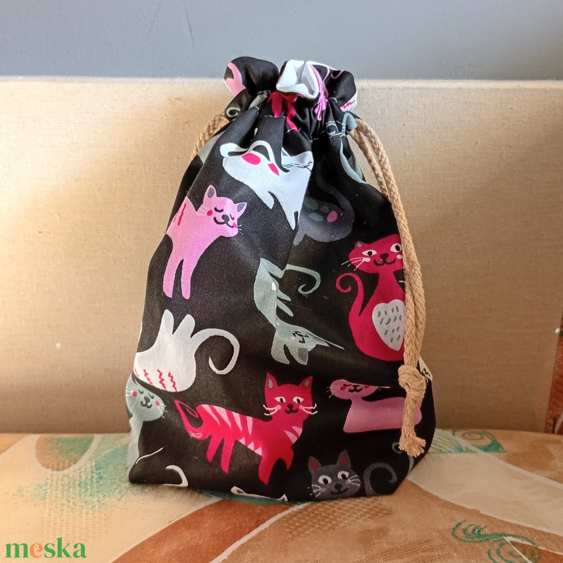 Cica mintás tisztasági vagy uzsonnás zsák - játék & sport - ovis felszerelés - ovis zsák - Meska.hu