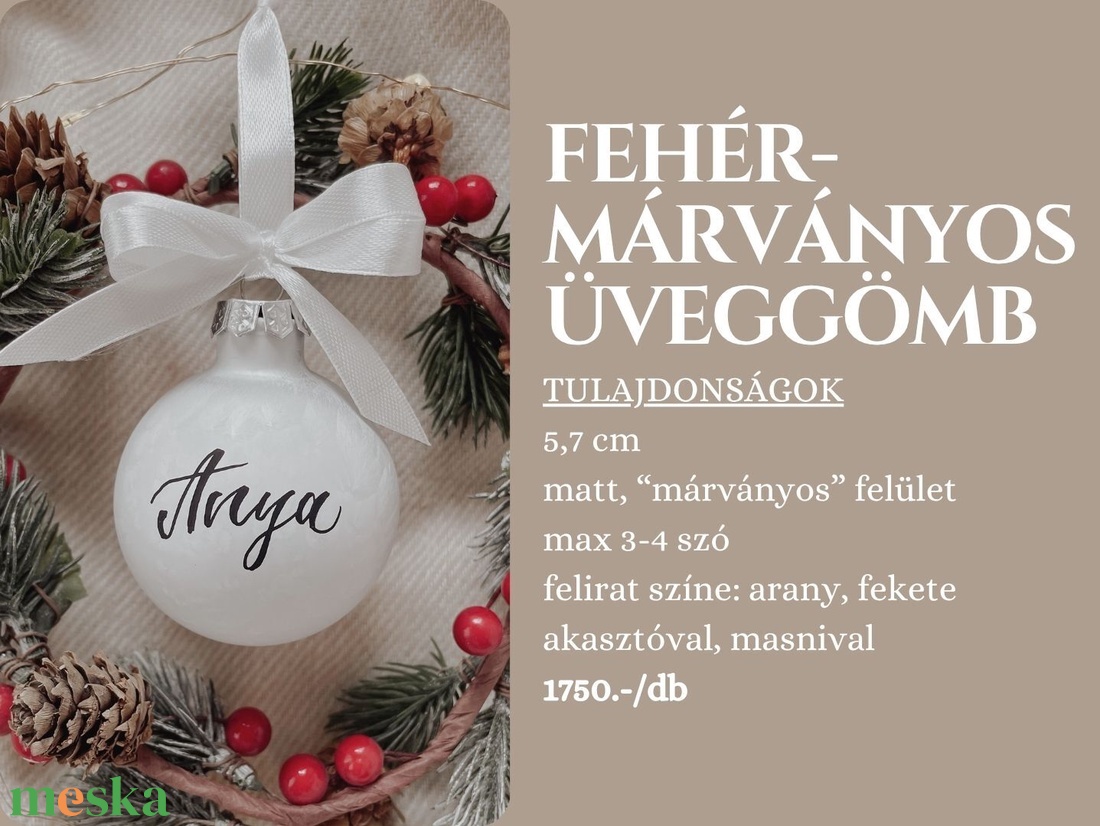 Egyedi feliratú karácsonyi üveggömb - fehér márványos - karácsony - karácsonyi lakásdekoráció - karácsonyfadíszek - Meska.hu