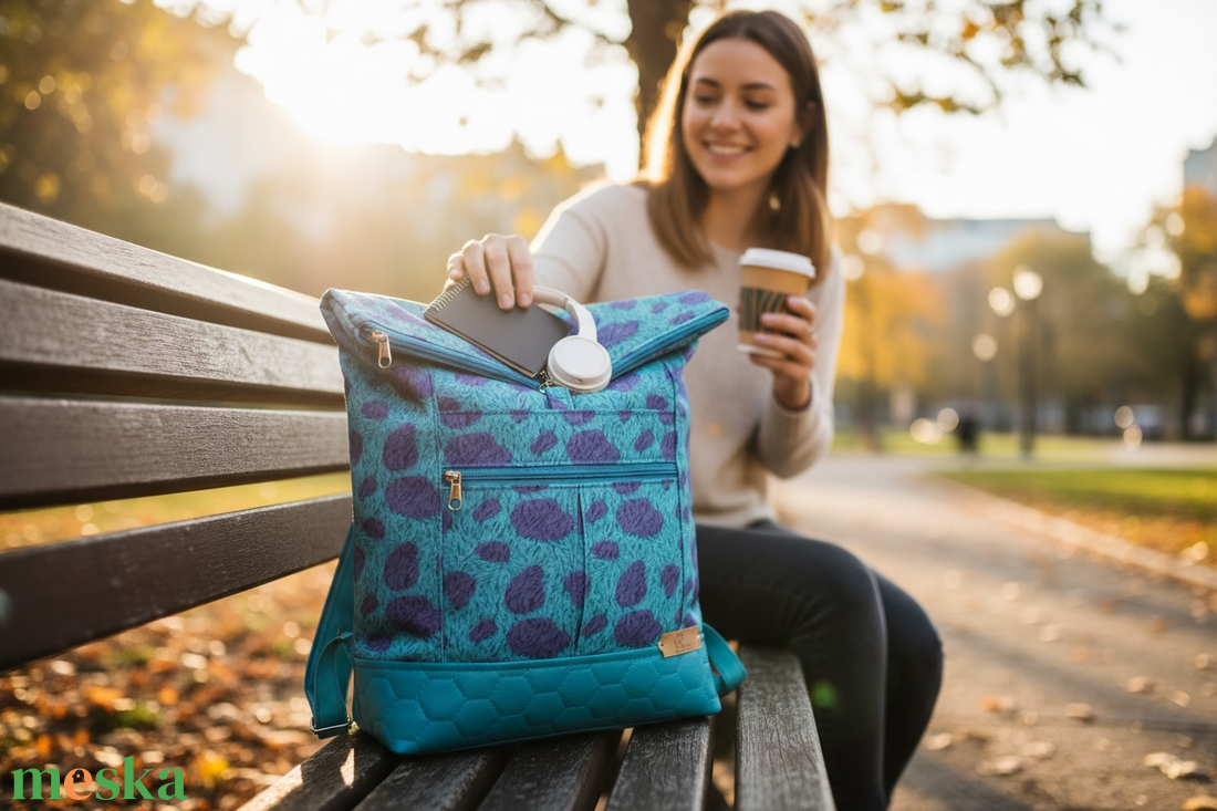 #HSM2 Blaur türkiz lila foltos vízhatlan rolltop hátizsák - táska & tok - laptoptáska, laptop hátizsák - Meska.hu