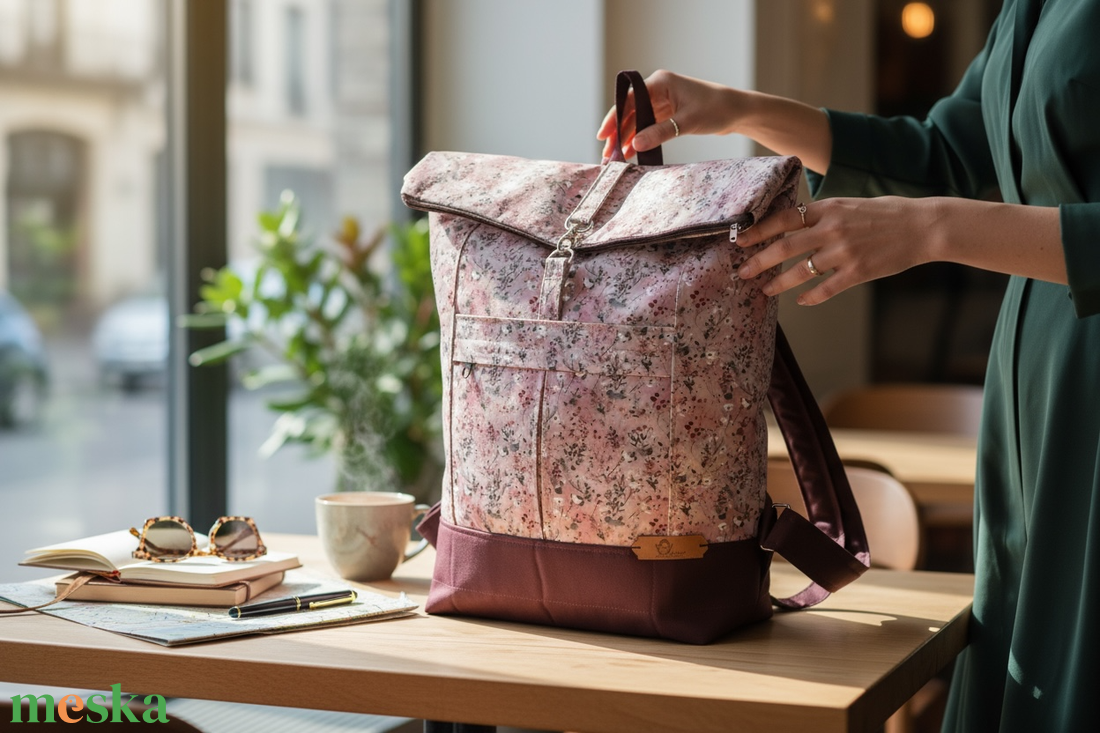 #HMV3 Blaur rózsaszín apró virágos vízhatlan rolltop hátizsák  - táska & tok - laptoptáska, laptop hátizsák - Meska.hu