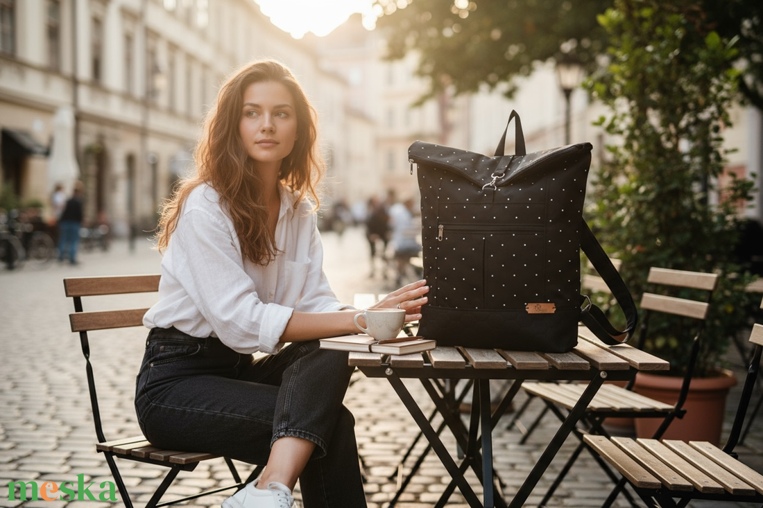#HSM4 BLAUR fekete fehér pöttyös vízhatlan rolltop hátizsák - táska & tok - laptoptáska, laptop hátizsák - Meska.hu