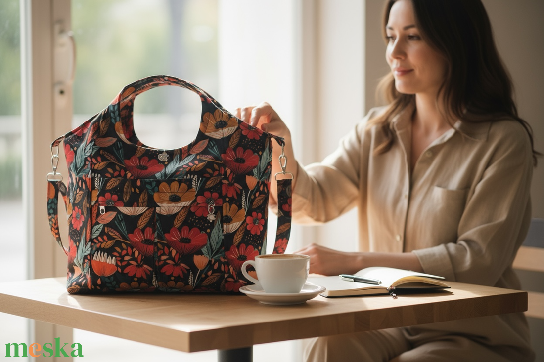 Blaur Fekete alapon piros virág mintás válltáska / kézitáska #TV1 - táska & tok - kézitáska & válltáska - válltáska - Meska.hu