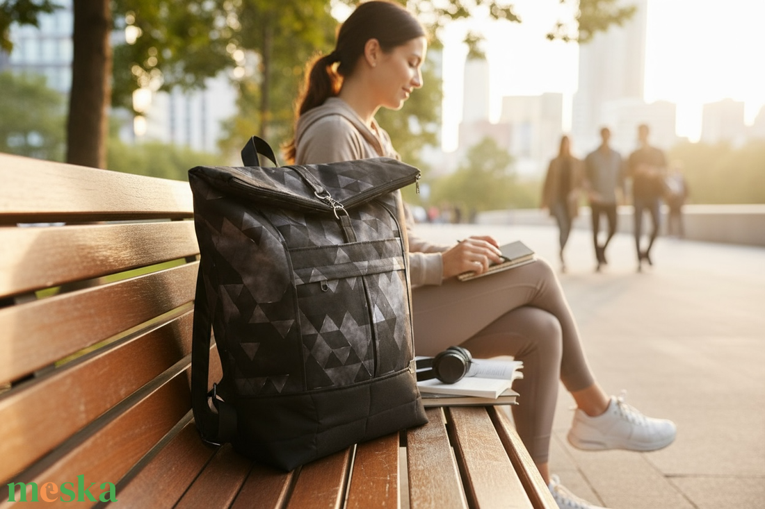 #HMG2 Fekete fehér geometriai mintás vízhatlan rolltop hátizsák - táska & tok - laptoptáska, laptop hátizsák - Meska.hu