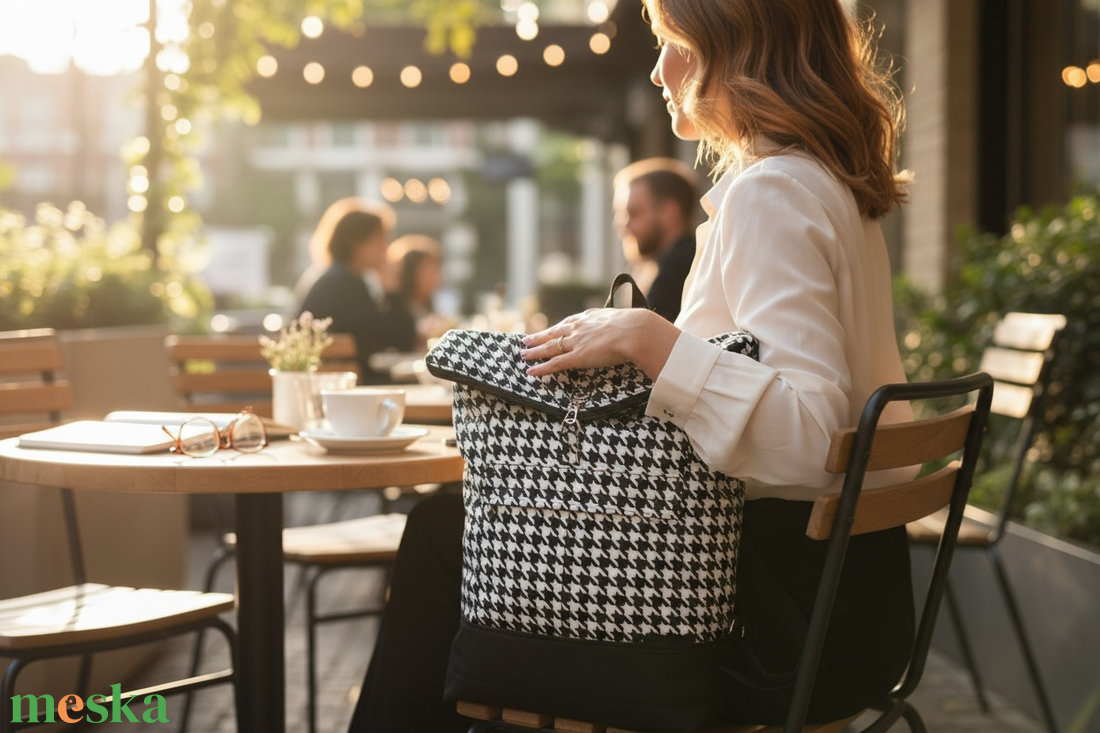 #HMM2 Fekete fehér tyúkláb mintás vízhatlan rolltop hátizsák - táska & tok - laptoptáska, laptop hátizsák - Meska.hu