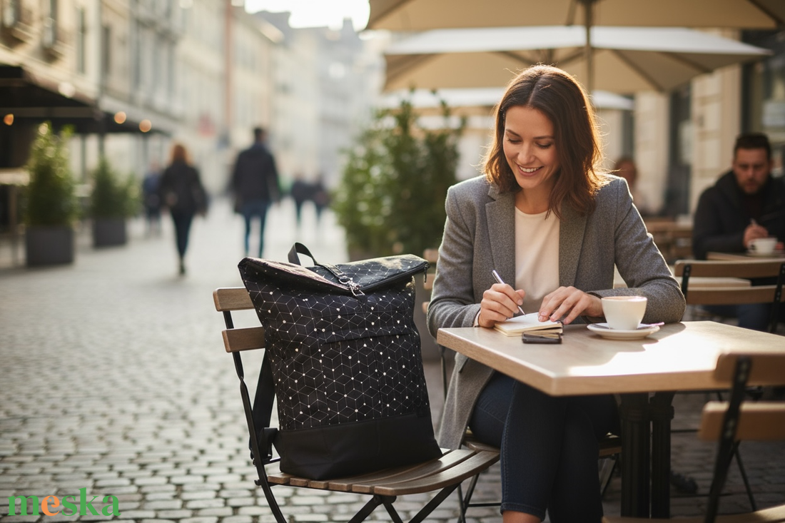 #HMM3 Fekete fehér háromszög  mintás vízhatlan rolltop hátizsák - táska & tok - laptoptáska, laptop hátizsák - Meska.hu