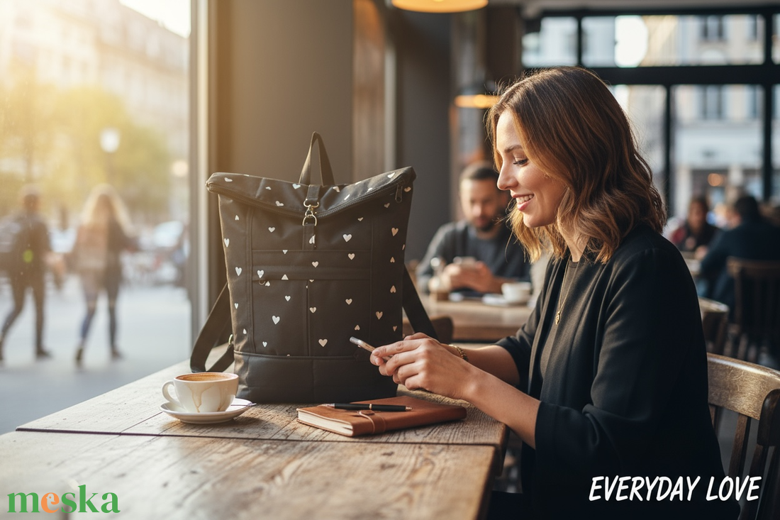 #HMM4 Fekete fehér szív  mintás vízhatlan rolltop hátizsák - táska & tok - laptoptáska, laptop hátizsák - Meska.hu