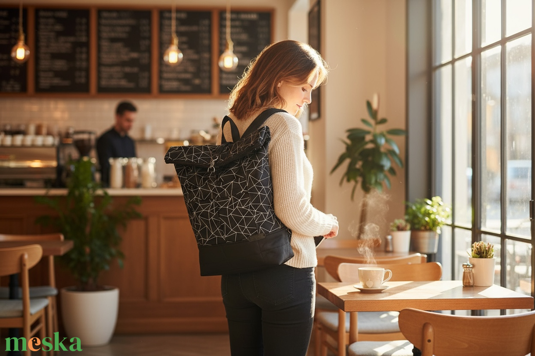 #HMG3 Fekete fehér geometriai mintás vízhatlan rolltop hátizsák - táska & tok - laptoptáska, laptop hátizsák - Meska.hu