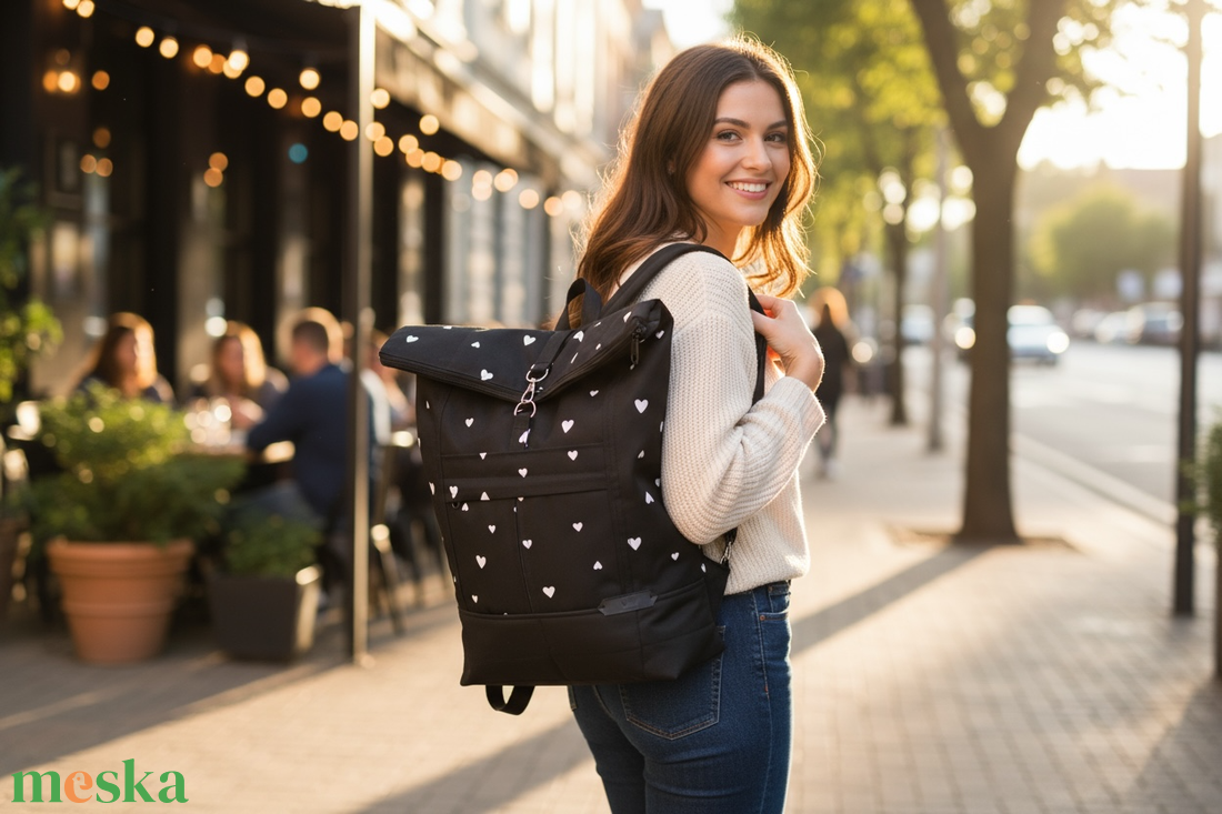 #HSM22 Fekete fehér szív  mintás vízhatlan rolltop hátizsák - táska & tok - laptoptáska, laptop hátizsák - Meska.hu