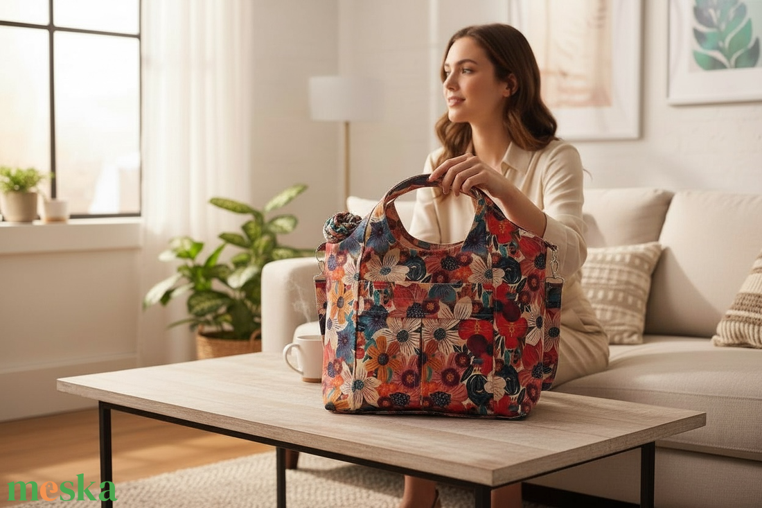 TV4 Blaur - piros narancs türkiz virág mintás válltáska / kézitáska #TV2 - táska & tok - kézitáska & válltáska - válltáska - Meska.hu