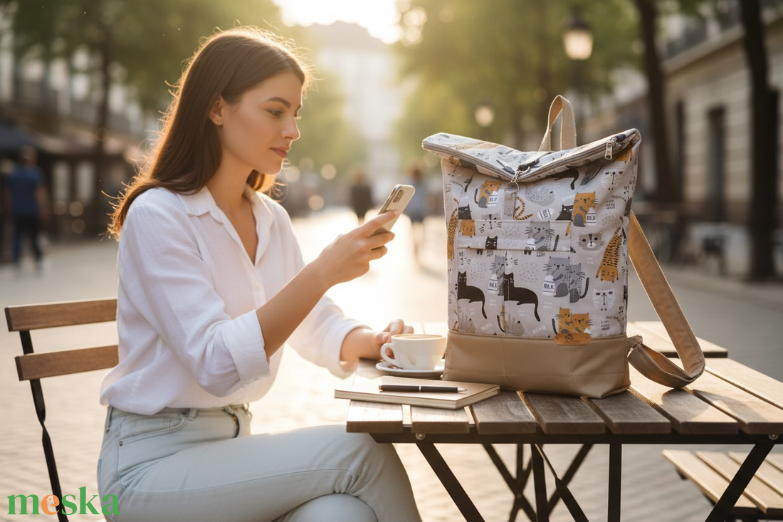 #HMA3 Blaur macska mintás vízhatlan rolltop hátizsák  - táska & tok - laptoptáska, laptop hátizsák - Meska.hu
