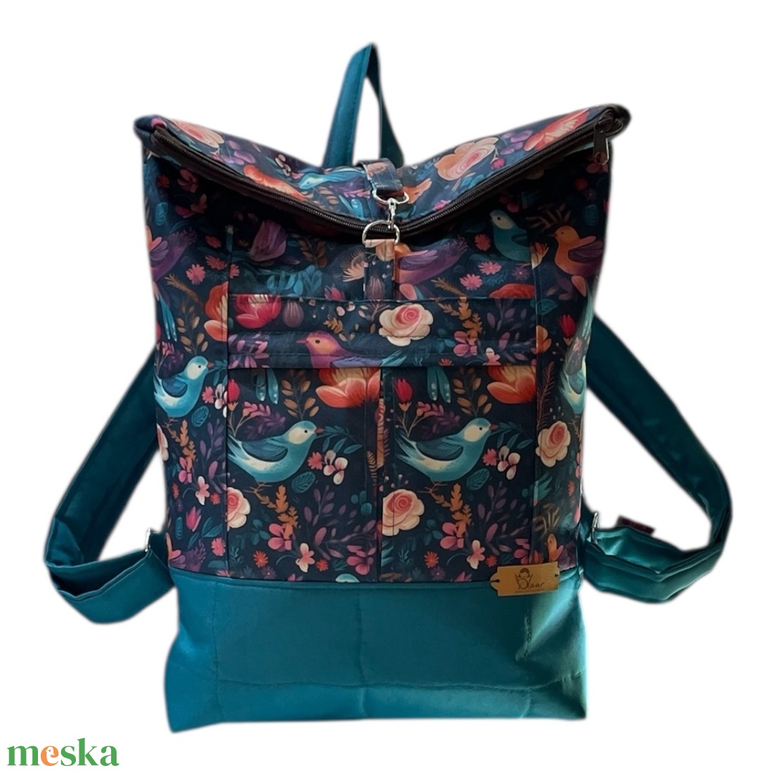 #HMA11 Blaur rózsa és madár mintás  vízhatlan rolltop hátizsák  - táska & tok - laptoptáska, laptop hátizsák - Meska.hu