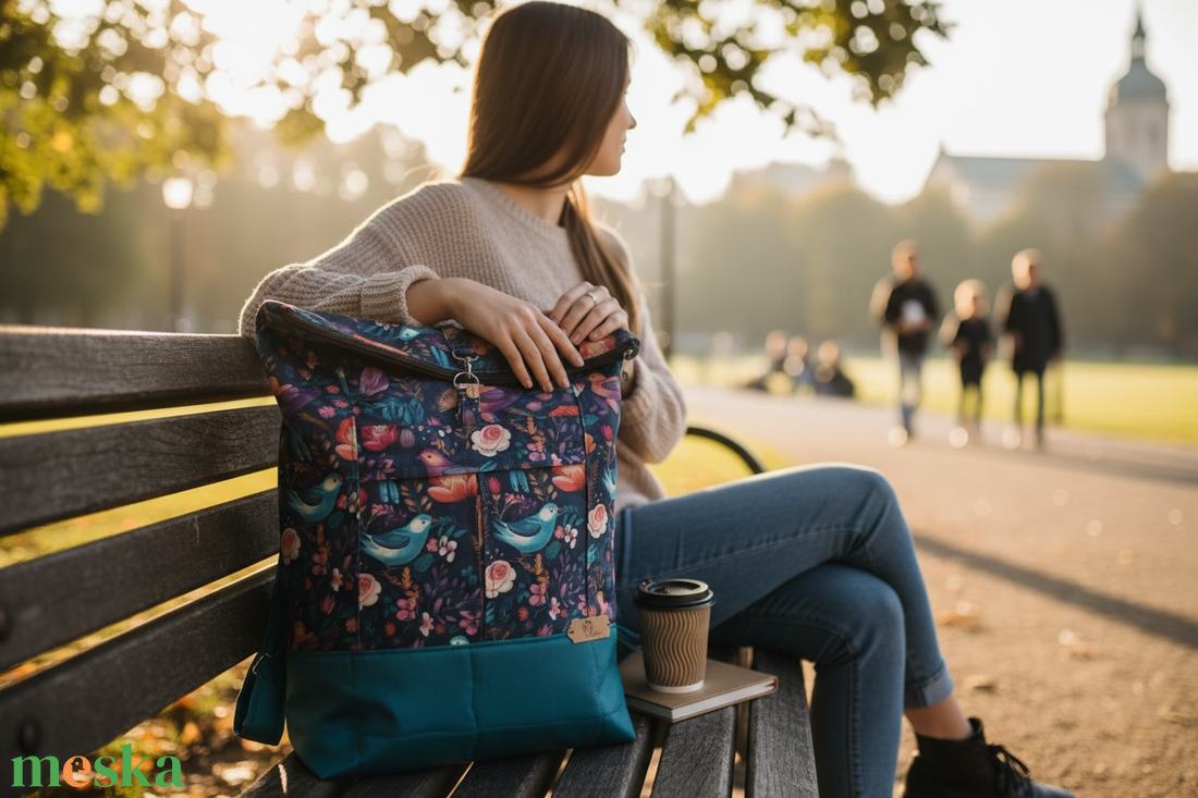 #HMA11 Blaur rózsa és madár mintás  vízhatlan rolltop hátizsák  - táska & tok - laptoptáska, laptop hátizsák - Meska.hu