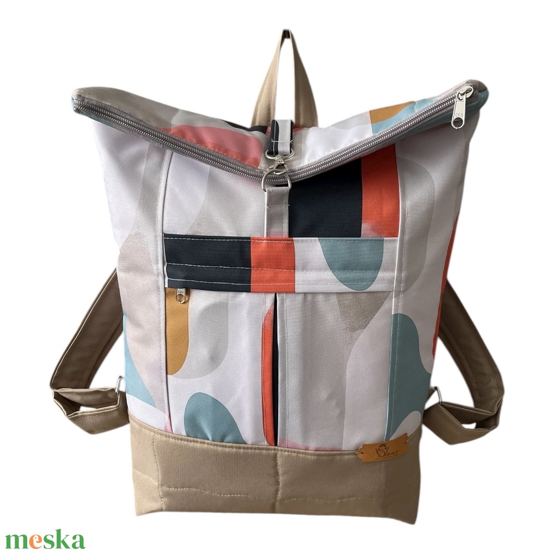 #HSM21 Blaur krém türkiz mintás vízhatlan rolltop hátizsák - táska & tok - laptoptáska, laptop hátizsák - Meska.hu