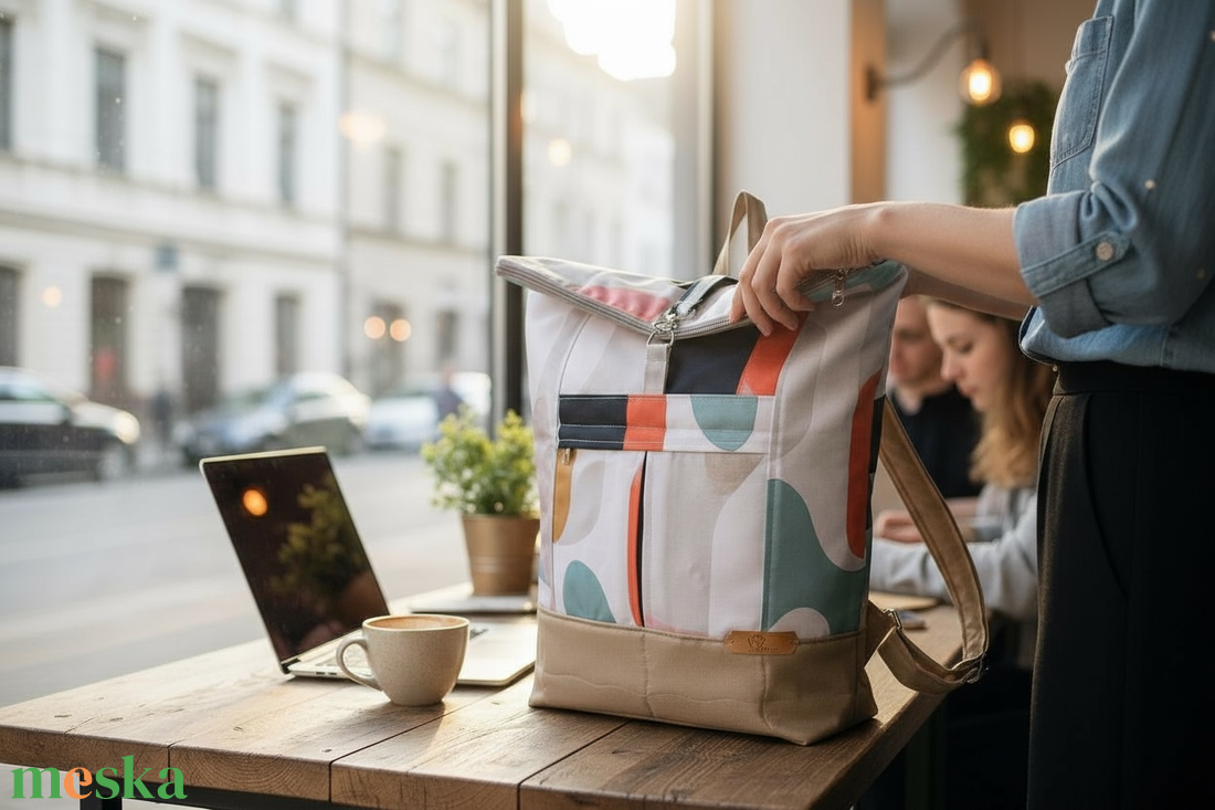 #HSM21 Blaur krém türkiz mintás vízhatlan rolltop hátizsák - táska & tok - laptoptáska, laptop hátizsák - Meska.hu