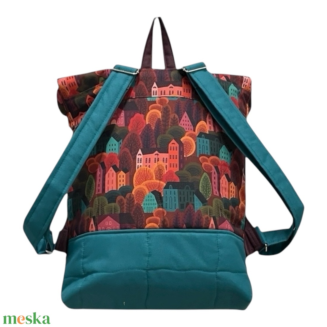 #HMM23 Blaur bordó türkiz város mintás vízhatlan rolltop hátizsák - táska & tok - laptoptáska, laptop hátizsák - Meska.hu