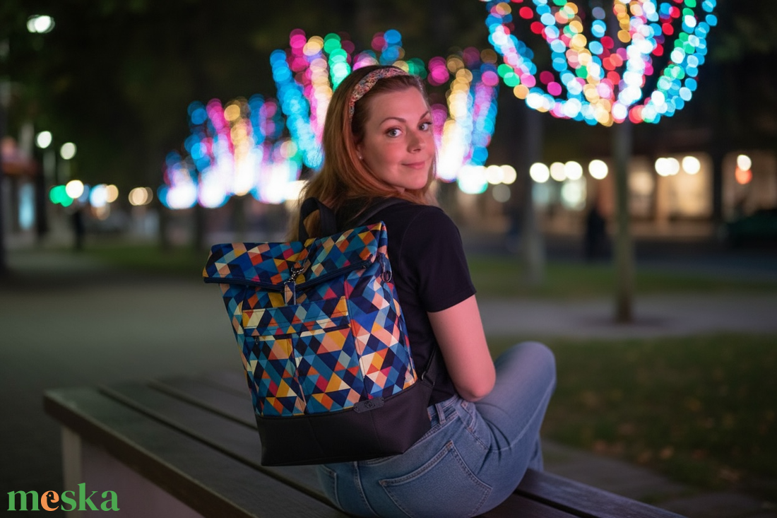 #HMM20 Blaur kék geometriai mintás vízhatlan rolltop hátizsák - táska & tok - laptoptáska, laptop hátizsák - Meska.hu