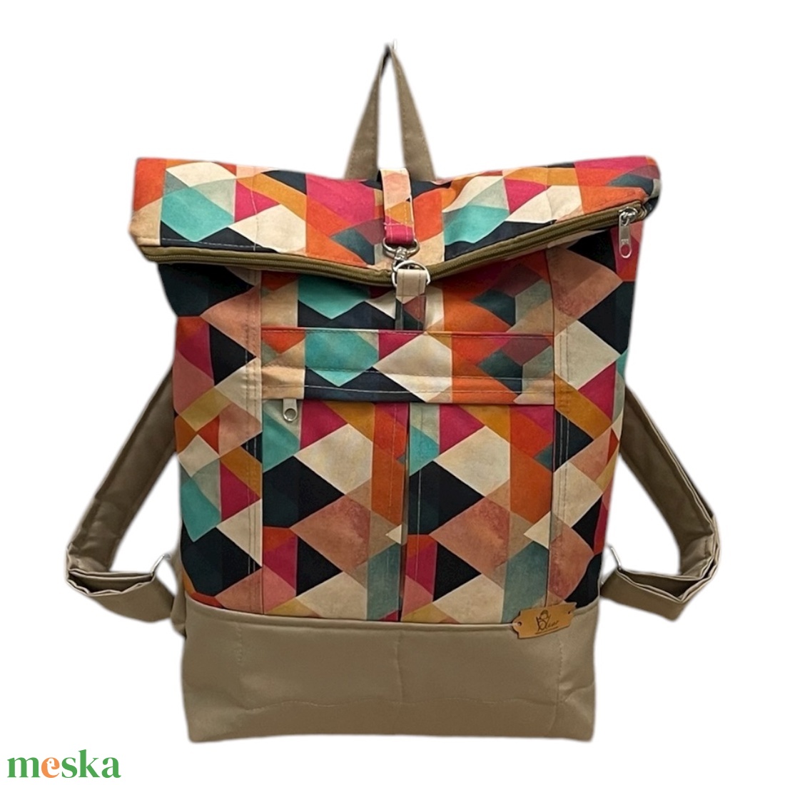 #HMG24 Blaur bézs türkiz geometriai mintás vízhatlan rolltop hátizsák - táska & tok - laptoptáska, laptop hátizsák - Meska.hu