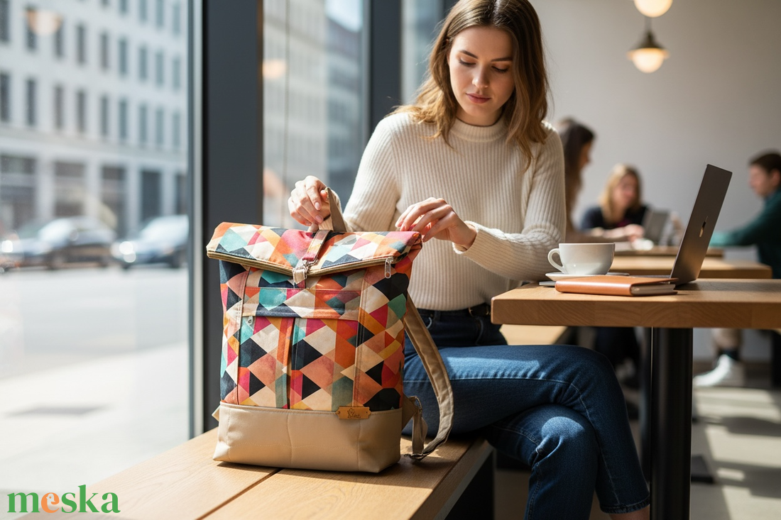 #HMG24 Blaur bézs türkiz geometriai mintás vízhatlan rolltop hátizsák - táska & tok - laptoptáska, laptop hátizsák - Meska.hu