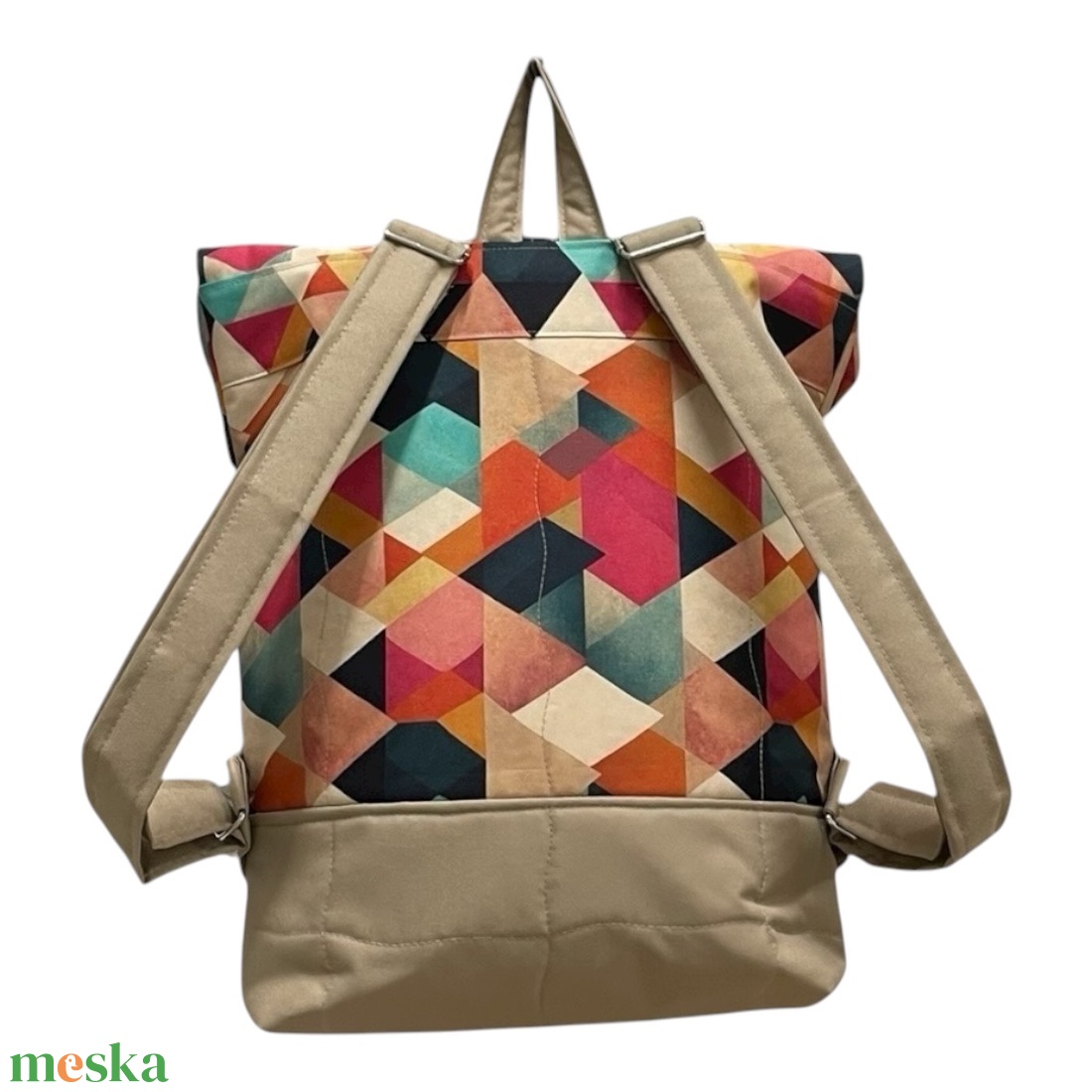 #HMG24 Blaur bézs türkiz geometriai mintás vízhatlan rolltop hátizsák - táska & tok - laptoptáska, laptop hátizsák - Meska.hu