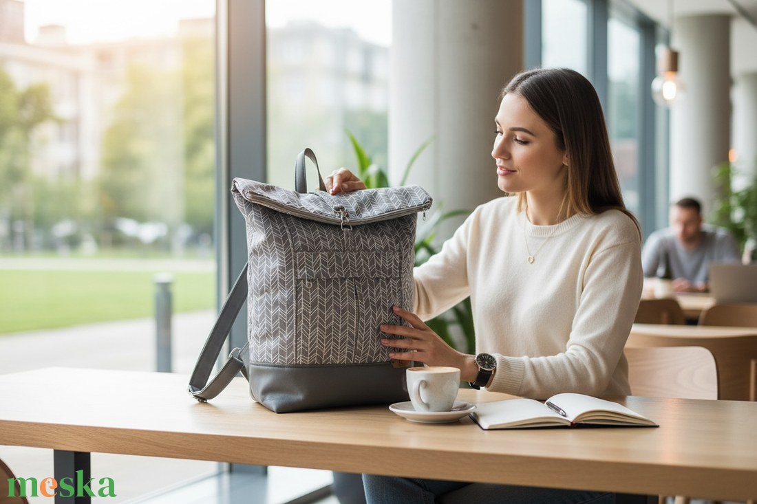 #HMG25 Blaur szürke halszálka mintás vízhatlan rolltop hátizsák - táska & tok - laptoptáska, laptop hátizsák - Meska.hu