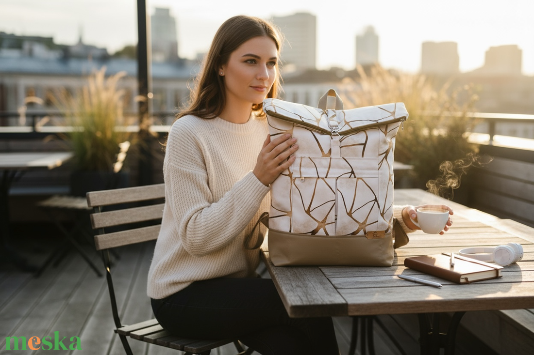 #HMM26 Blaur krém arany márvány mintás vízhatlan rolltop hátizsák - táska & tok - laptoptáska, laptop hátizsák - Meska.hu